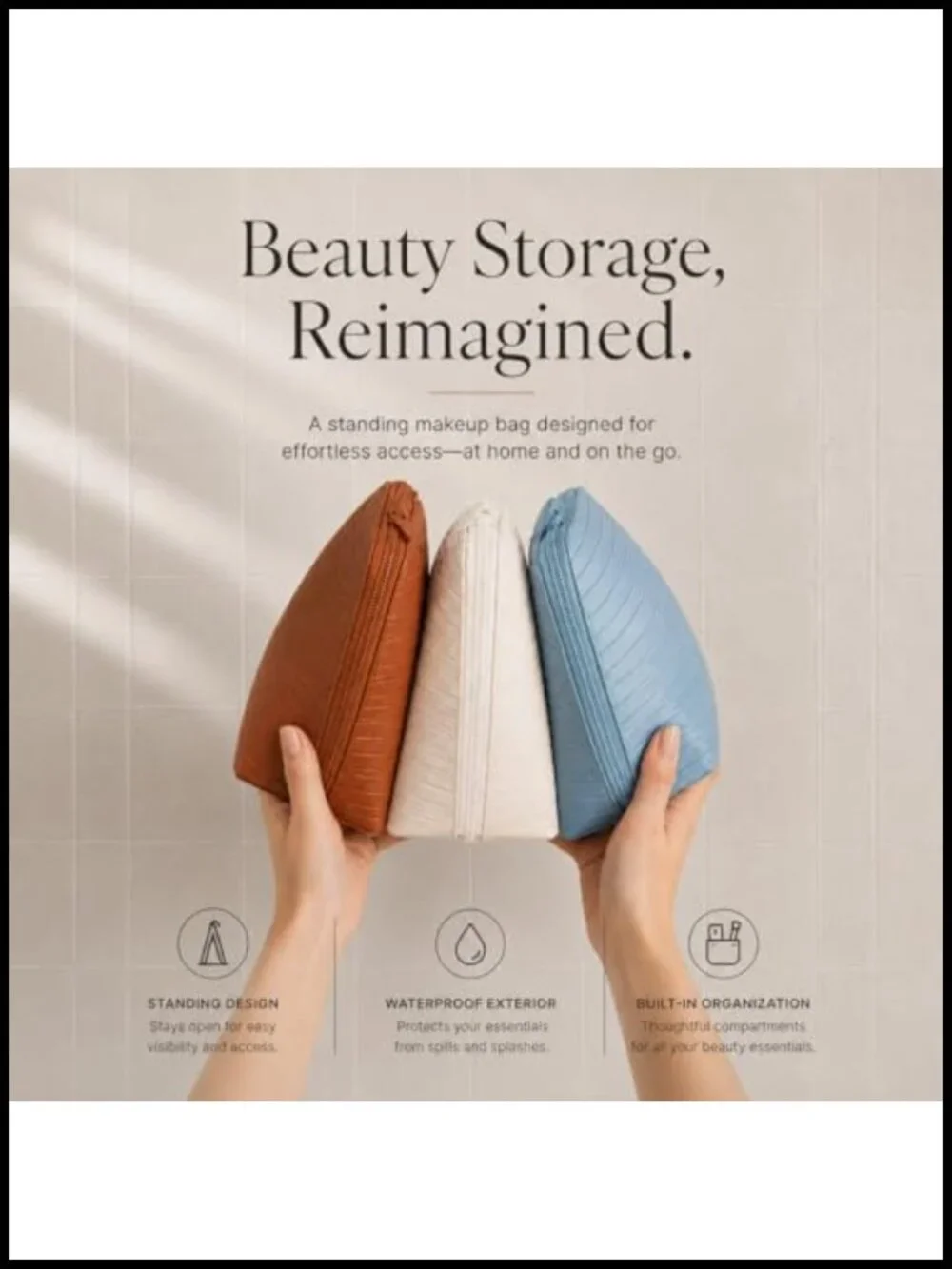 Standing Foldable Makeup Bag for Travel, Vertical Cosmetic Organizer